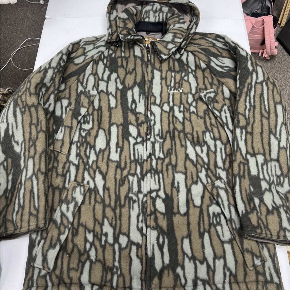 Cabelas Fleece Parka Jacket Mens XL Green Camo Whitetail Clothing Full Zip Hood